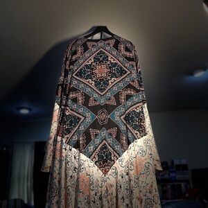 Boho Mixed Print Maxi Kimono - Teal & Cream